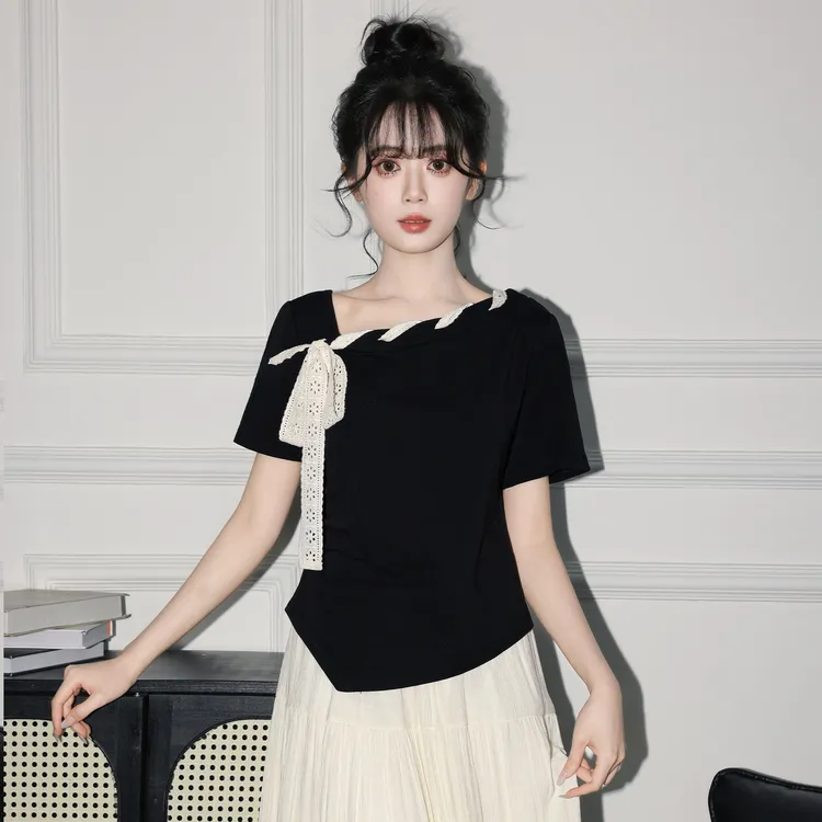 不规则黑色短袖T恤女夏2025夏季新款设计感斜领体恤别致短款上衣