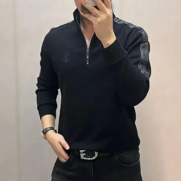 新款高端男士时尚简约拼皮半拉链立领卫衣66128