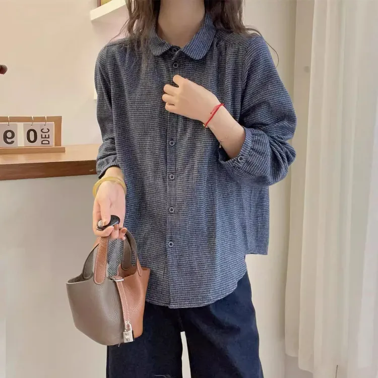长袖格子衬衫女秋季2025新款法式复古纯棉小衫内搭叠穿打底衫上衣