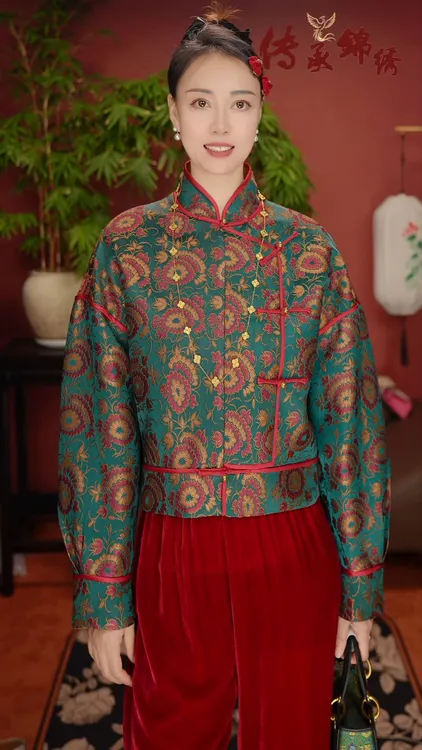 梧桐宝贝《万寿牡丹》非遗古蜀锦《传承系列》香云纱100羊毛时尚外套