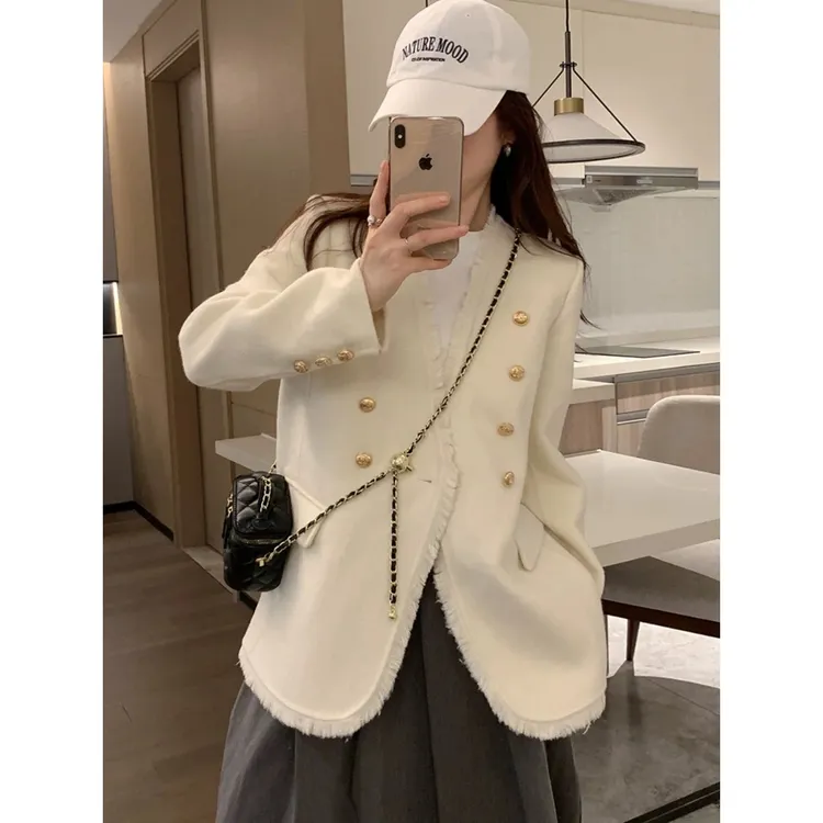 KIKI严选：802-AW家欧洲站南油秋季新款流苏边V领小香风羊毛外套