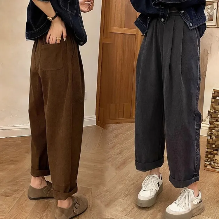 胖mm特大码300斤复古高腰灯芯绒阔腿女秋冬季宽松遮肉休闲长裤潮2