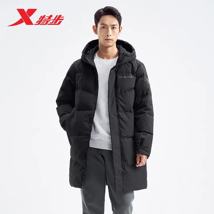特步中长款男士羽绒服新款冬季保暖上衣运动连帽外套976429640189