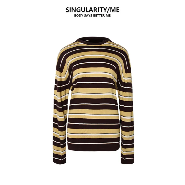 Singularity Me 9A 26605 可可姜黄亮色条纹混纺宽松秋针织衫上衣