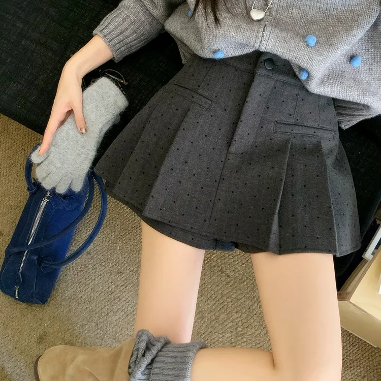 灰色毛呢百褶裙女秋冬加厚半身裙 胖mm高腰复古波点防走光a字短裙