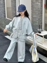2025秋季韩版休闲女童休闲风灰色女套装三件套宽松