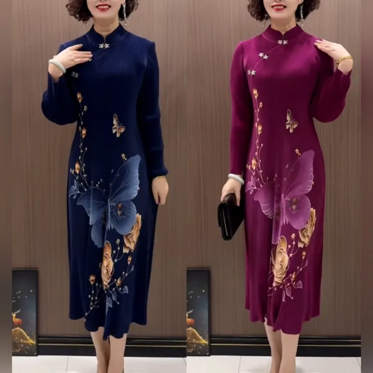 春季妈妈长袖蝴蝶花朵斜襟修身小立领褶皱连衣裙新中式改良旗袍裙