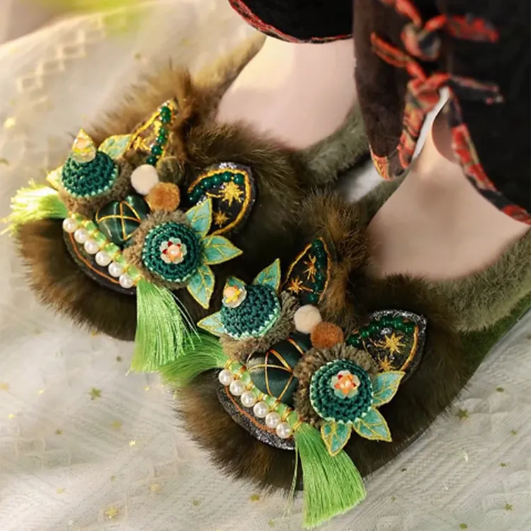 虎头鞋保暖一脚蹬胶粘编织冬季圆头布鞋包头居家棉拖鞋外穿软底