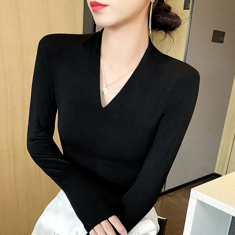 黑色V领t恤女长袖春秋2025新款修身洋气弹力打底衫内搭高级感上衣