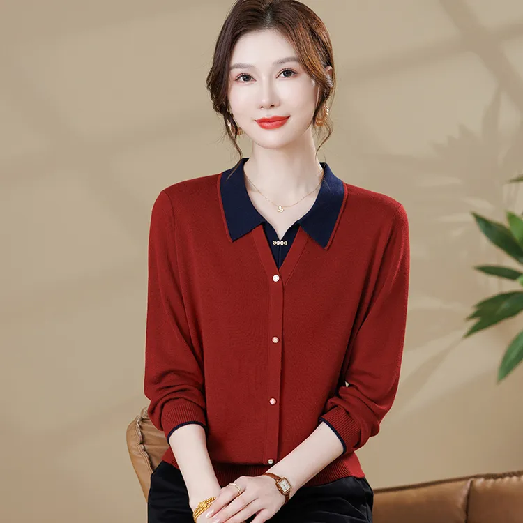 妈妈秋冬装上衣t恤翻领洋气小衫中老年时尚女装假两件打底针织衫