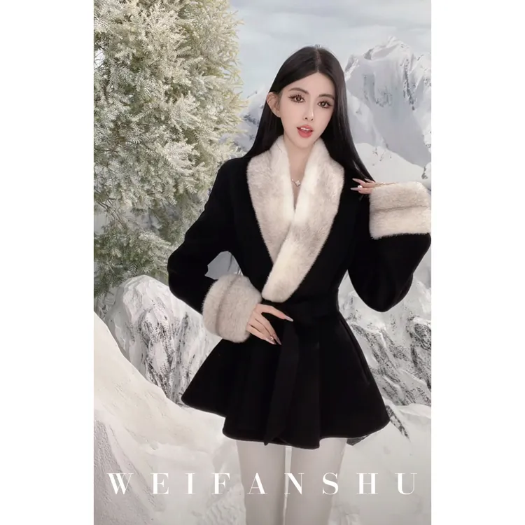 WEIFANSHU/魏凡舒【御姐法则】冬季新款羊绒羊毛拼领水貂大衣外套