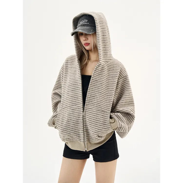 美式复古拉链卫衣慵懒风新款条纹拉链开衫连帽卫衣男女情侣外套