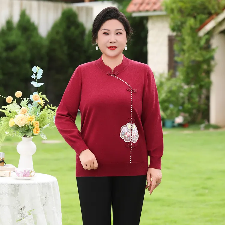 妈妈装秋季新款中式国风针织长袖中老年女装打底大码上衣WM25712