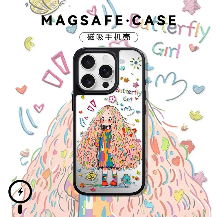 彩发女孩适用于苹果16pro手机壳磁吸充电镜面壳华为vivo小米15套