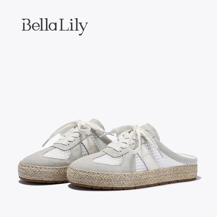 BellaLily2025夏季新款懒人舒适一脚蹬编织渔夫半拖百搭小白鞋女