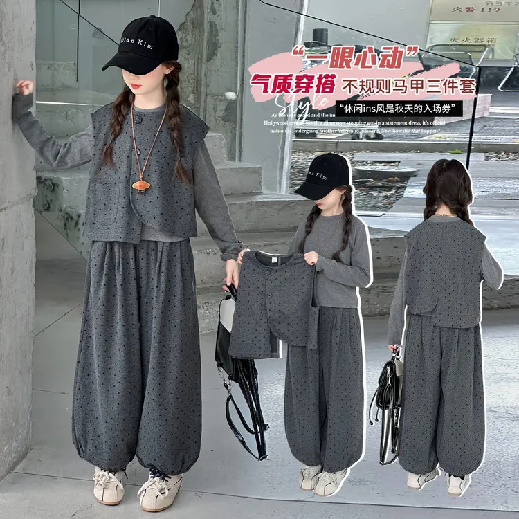 女童网红套装春秋爆款中大童打底衫马甲灯笼裤三件套女孩韩版洋气