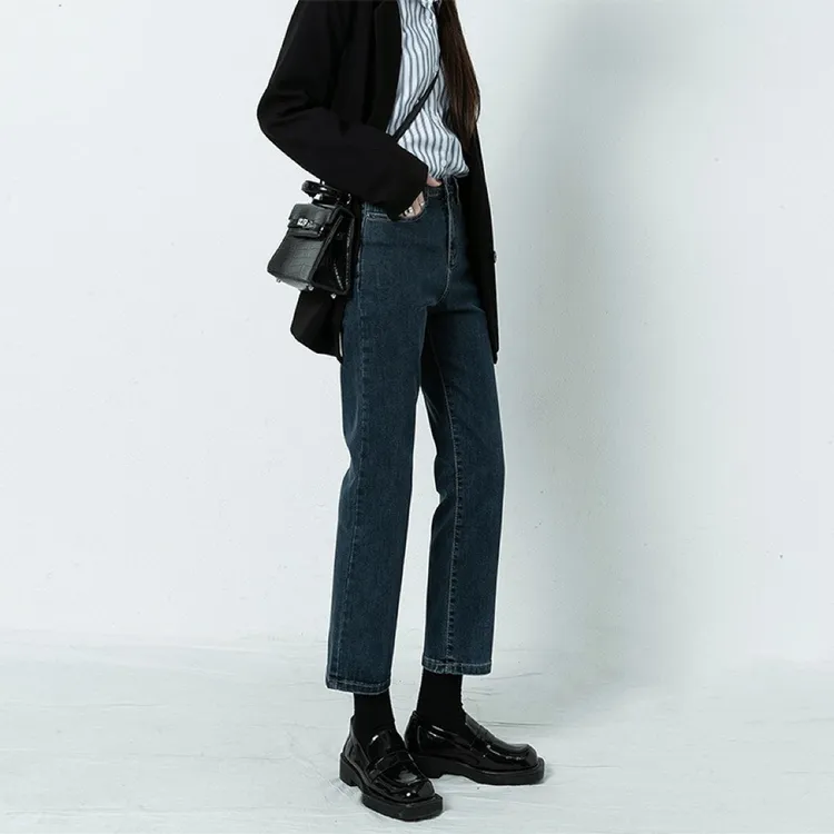 2024新款蓝灰直筒牛仔裤女秋冬秋装爆款高腰显瘦厚绒小个子烟管裤