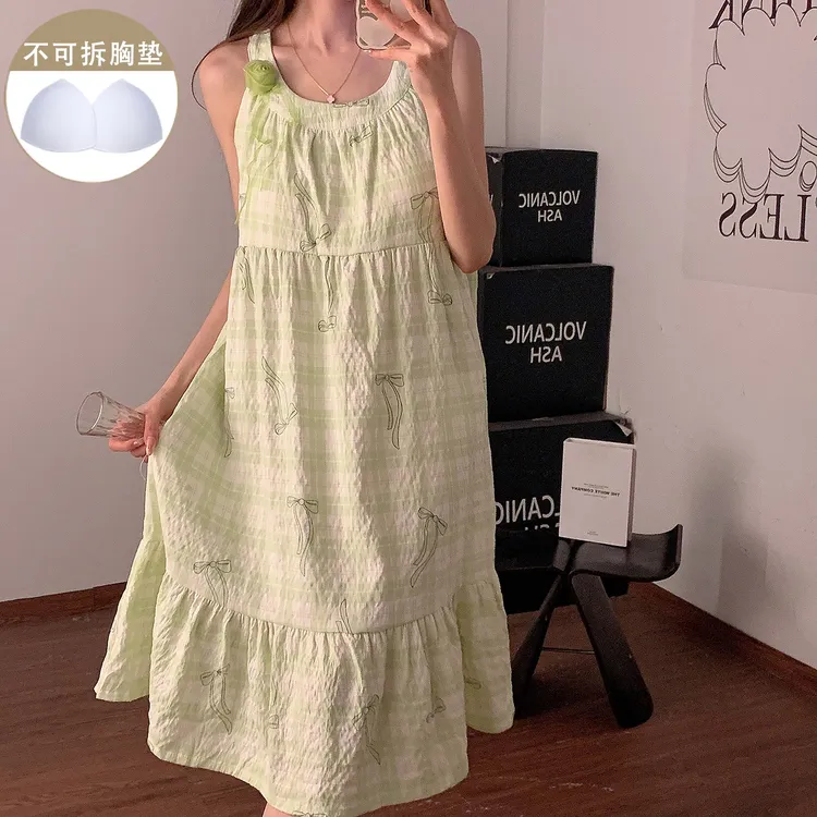 带胸垫睡衣女夏季简约绿色格子吊带睡裙韩系ins宽松小个子家居服
