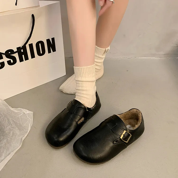 厚底勃肯鞋女2025新款冬季皮面防水复古全包加绒软底乐福博肯棉鞋