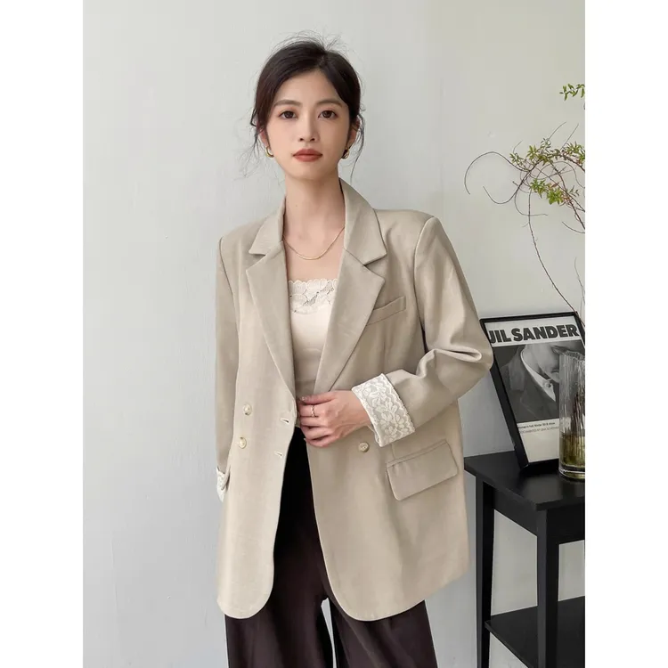 v领西装外套女款秋蕾丝拼接韩系休闲宽松长袖开衫西服上衣高级感