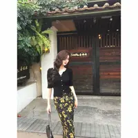 XXZHU【黄玫瑰】百搭高级感开叉气质复古碎花半身裙ZZ-802
