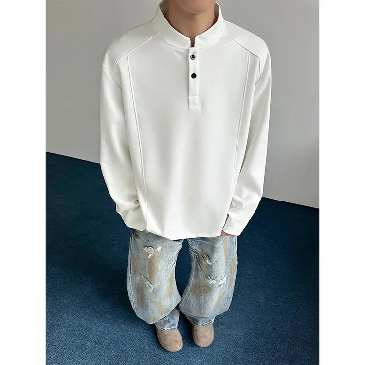 白灰色美式正肩亨利领长袖t恤男春季重磅解构百搭卫衣立领打底衫