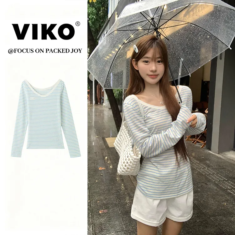VIKO蓝色V领条纹防晒长袖t恤女秋季韩系松弛慵懒感宽松罩衫上衣潮