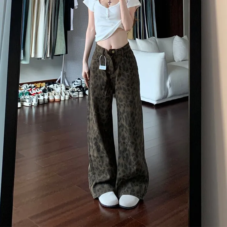 美式豹纹设计感阔腿牛仔裤女秋季新款高腰显瘦宽松百搭拖地直筒裤