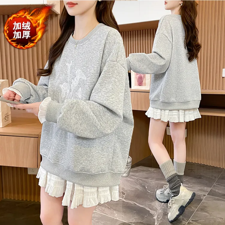 蕾丝拼接刺绣设计感加绒卫衣女秋冬季新款韩版宽松假两件法式上衣