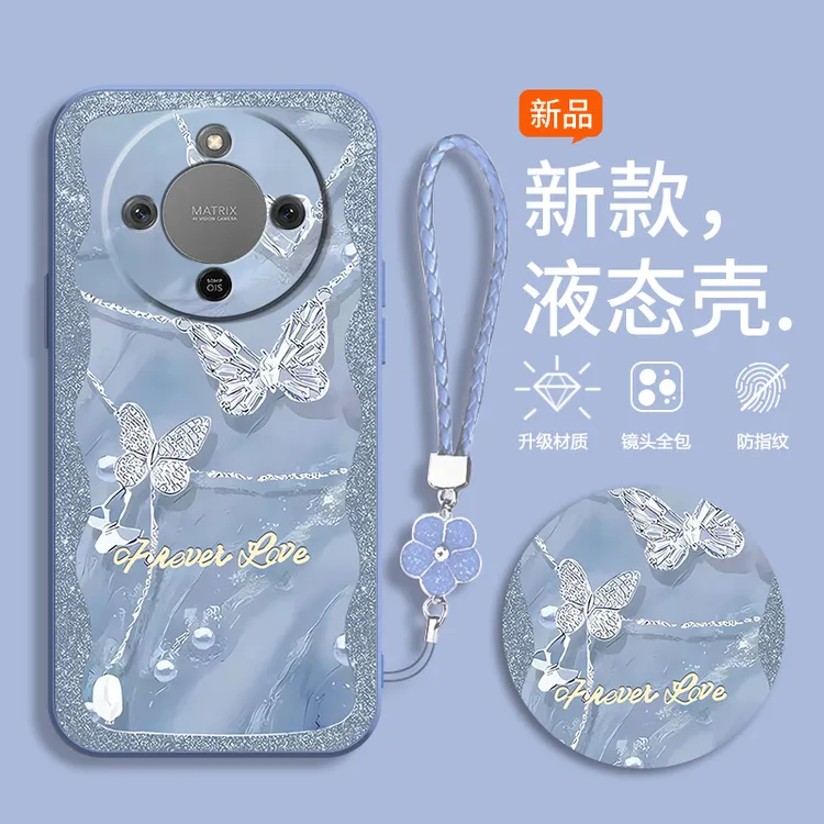 适用荣耀X70手机壳MTN-AN00水晶蝴蝶镜头保护全包边液态硅胶软壳