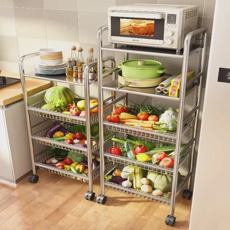 德国厨房菜篮子置物架落地多层锅具微波炉收纳架多功能蔬菜小推车