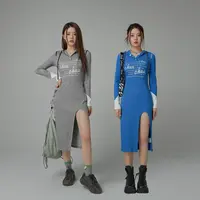 C002【金拐子专属】CHUU字母开叉设计遮肉宽松版连帽休闲连衣裙-F
