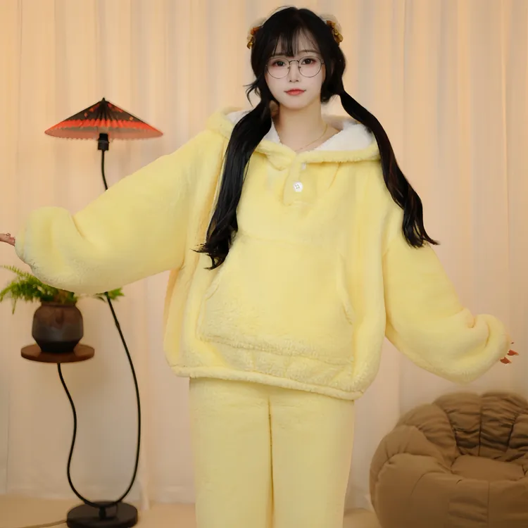 2025冬季新款可爱风加绒加厚加大加连帽保暖家居服毛绒套装
