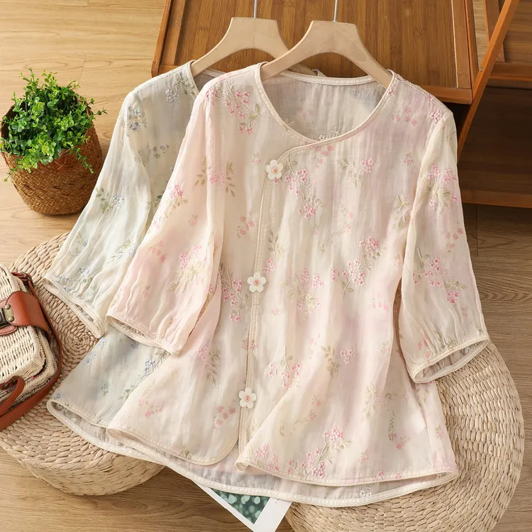 doumpp轻奢新款欧货2025夏新款新中式百搭圆领刺绣棉麻混纺衬衫女