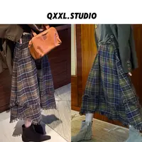 邱小小丽呀 秋季新款格纹不规则半裙女复古设计感毛边高腰A字裙