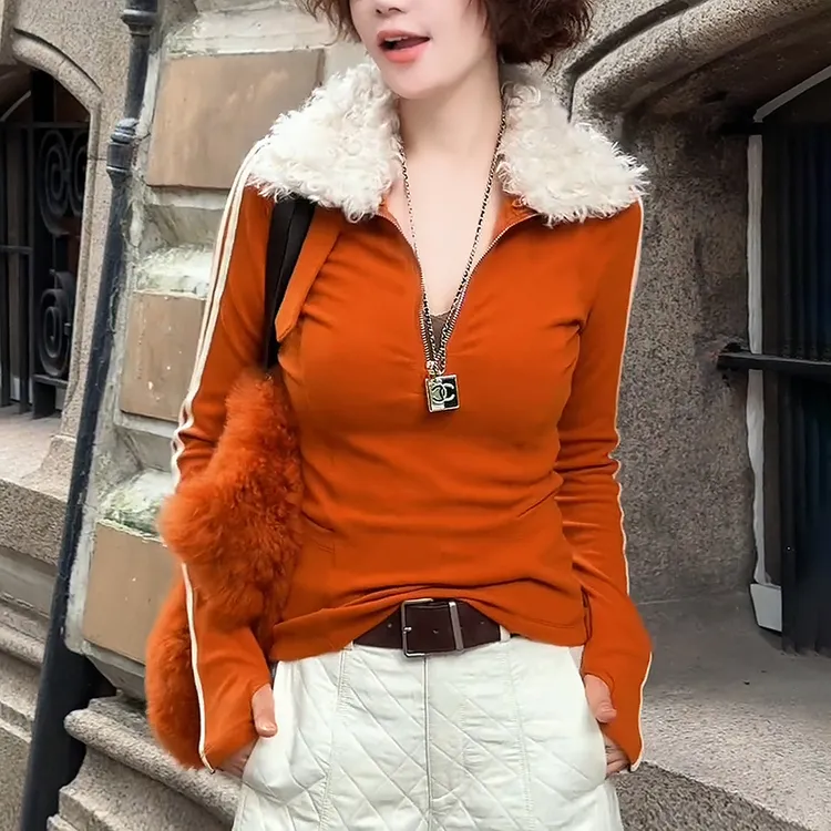设计感复古拼接时尚毛领打底衫女士秋冬减龄修身显瘦洋气内搭上衣