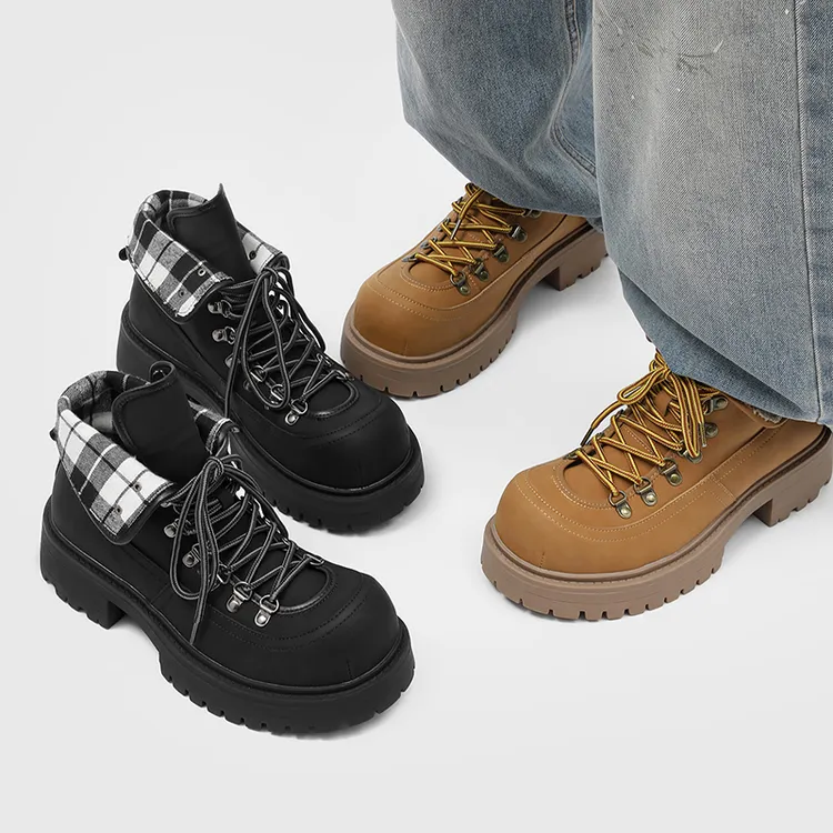 英伦风厚底马丁靴男女冬季保暖两穿系带工装靴棕色短靴户外登山靴