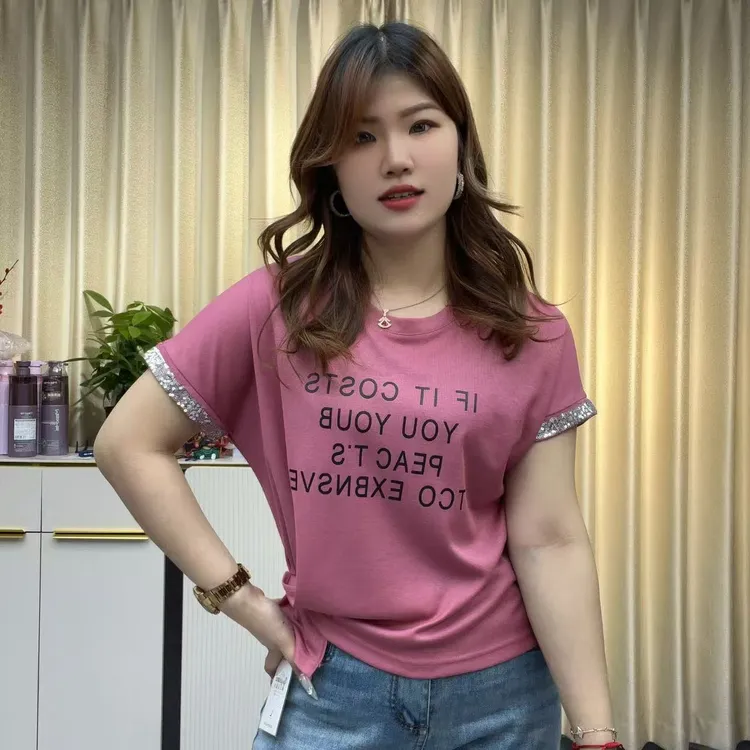 小鑫肝@冰丝雪花棉字母印花袖口亮片不规则百搭T恤 5753