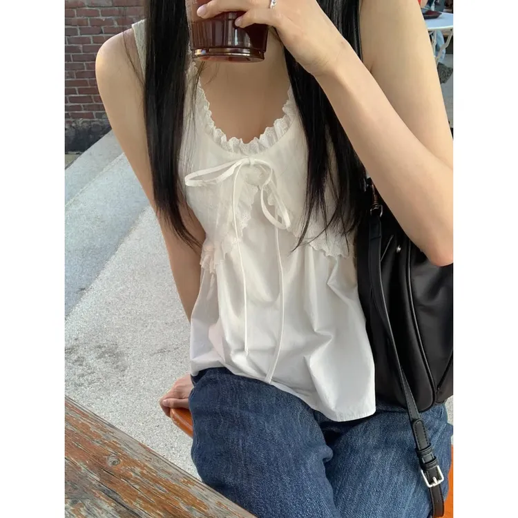 2025新款chic吊带背心蝴蝶结花边褶皱荷叶边下摆衬衫上衣