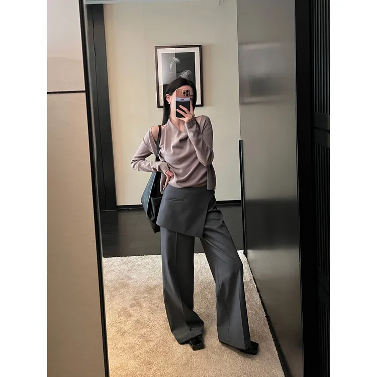 韩版复古纯色高级感假两件西裤女2025夏季新款百搭高腰显瘦长裤子