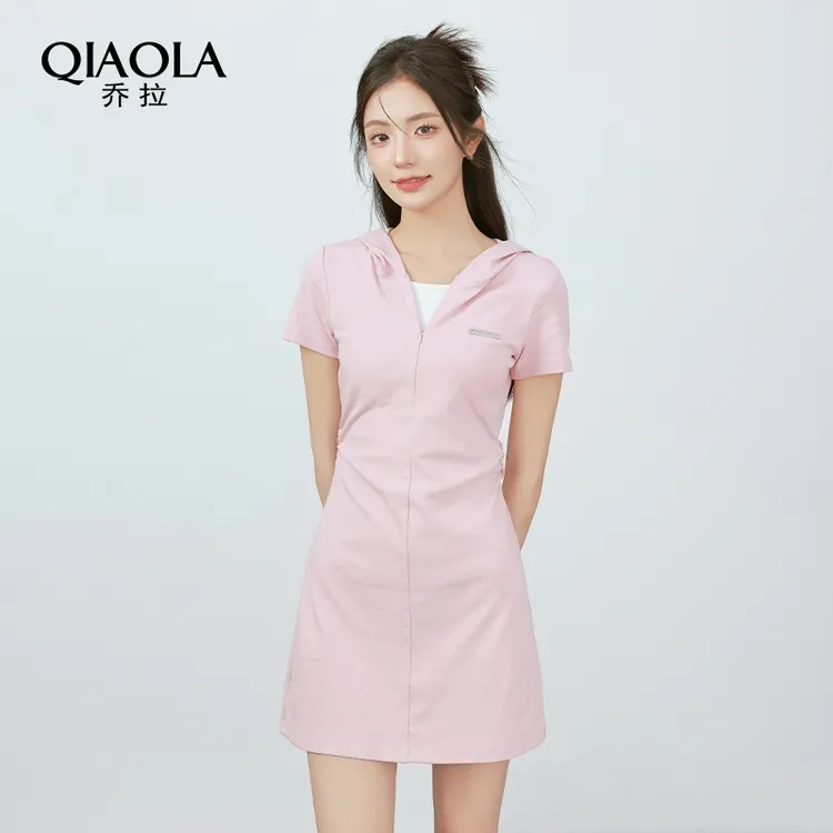 QIAOLA/乔拉【樱岛游记】夏季弹力针织假两件连帽街头A版连衣裙