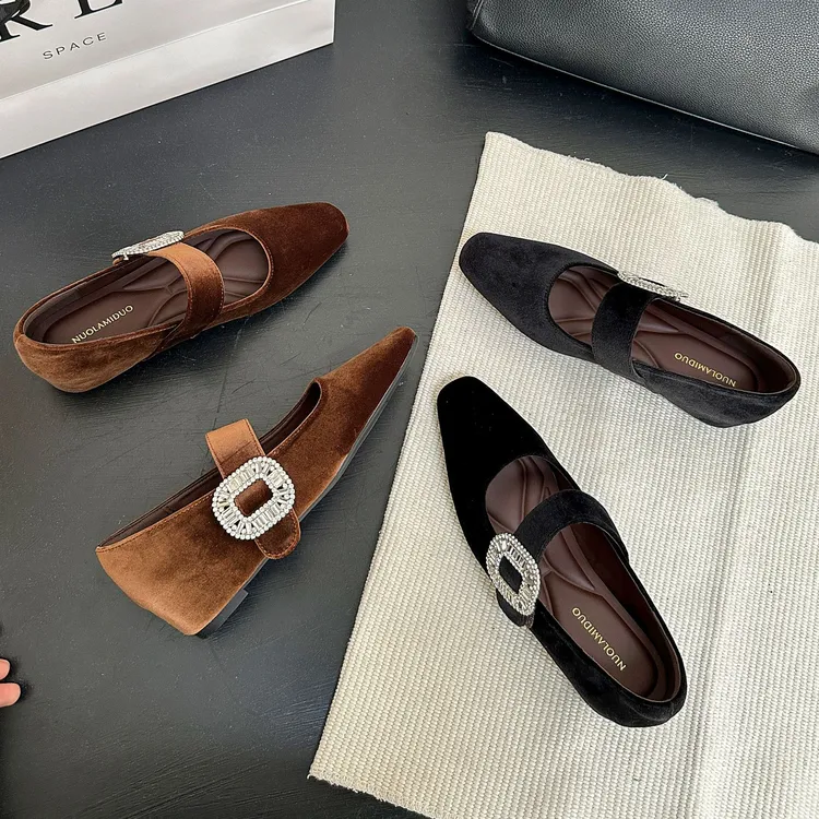 2025早秋新款内增高玛丽珍单鞋女气质方头水钻浅口百搭平底单鞋女