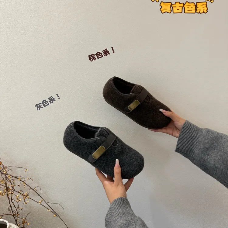 [温州名鞋行]～纽扣魔术贴加厚保暖毛尼款豆豆鞋软底软面