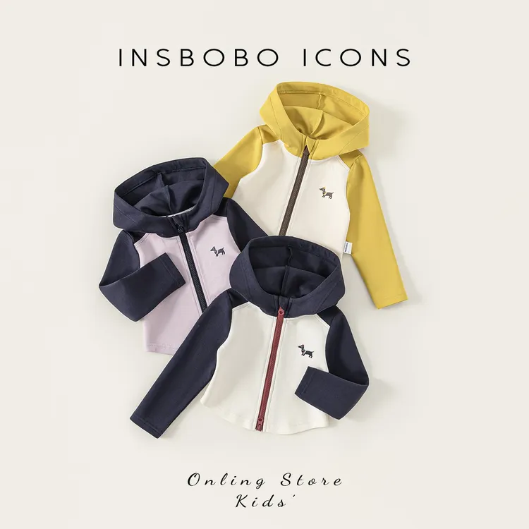 INSbobo儿童卫衣外套秋季新品上衣连帽撞色卡通印花外套潮QY25093