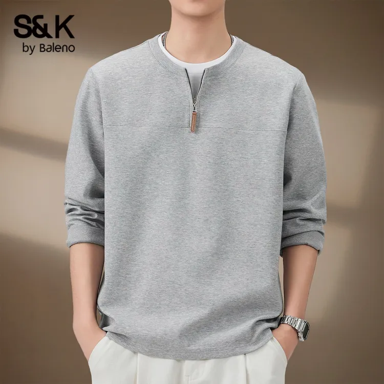 班尼路S&K假两件长袖t恤男士卫衣2025冬季新款休闲半拉链上衣男装
