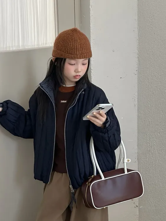 [高品质]2025冬季新款深秋夹棉韩系格子拼接棉服外套