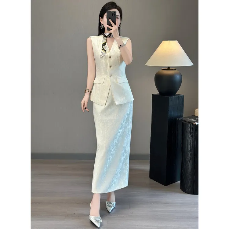 2025夏高级提花V领修身西装马甲半身裙气质套装裙两件套时尚通勤