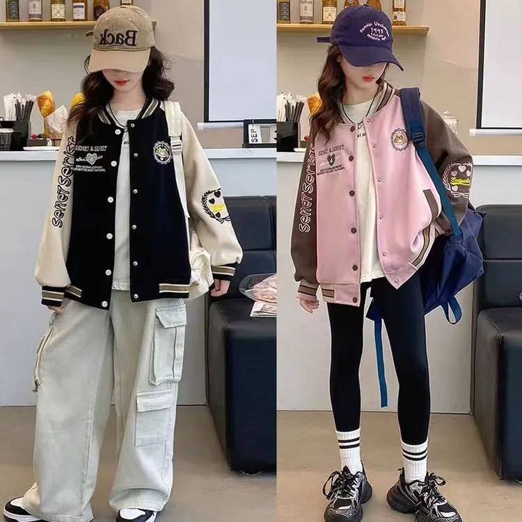 女童春秋棒球服外套儿童中大童时尚休闲宽松撞色棒球服女孩外套潮
