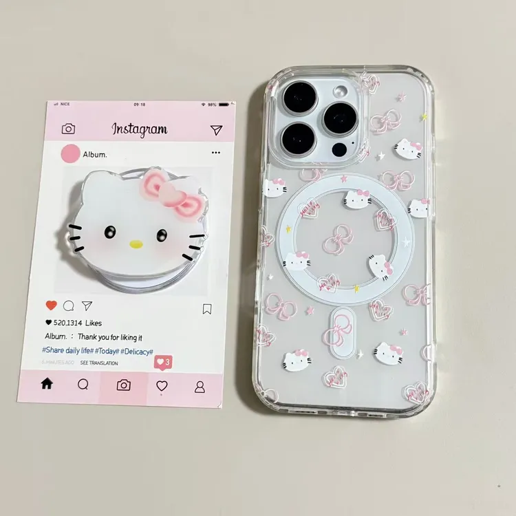 【亚克力磁吸】蝴蝶结凯蒂猫支架透明手机壳适用苹果17/16/15防摔