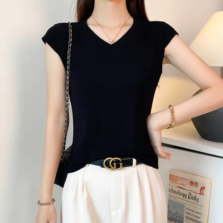 黑色螺纹V领短袖t恤女夏季修身吊带背心显瘦打底衫百搭飞飞袖上衣